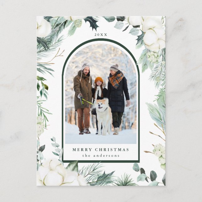 Evergreen & Cotton Flowers Arch Photo Holiday  Postcard (Front)