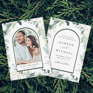 Evergreen & Cotton Flowers Arch Photo Save The Dat Save The Date