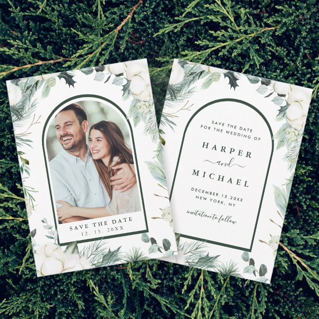 Evergreen & Cotton Flowers Arch Photo Save The Dat Save The Date (Creator Uploaded)