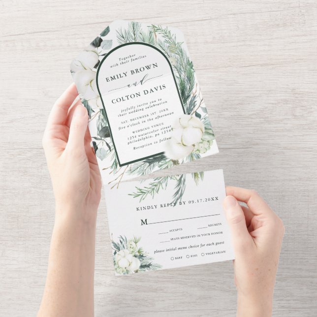 Evergreen & Cotton Flowers Arch Wedding All In One Invitation (Tearaway)