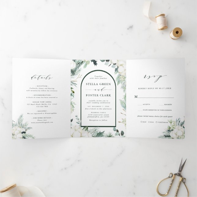 Evergreen & Cotton Flowers Arch Wedding  Tri-Fold Invitation (Inside)