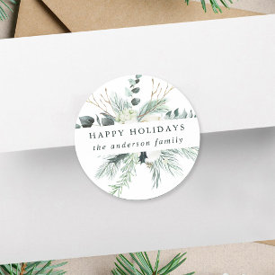 Evergreen & Cotton Flowers Christmas Holiday Classic Round Sticker