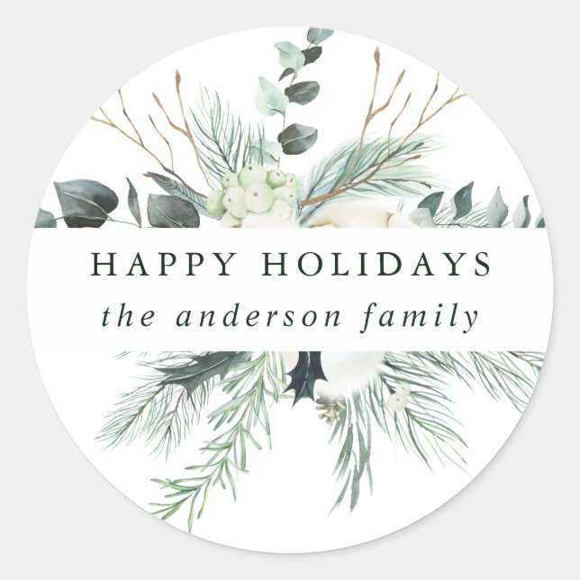 Evergreen & Cotton Flowers Christmas | Holiday Classic Round Sticker (Front)