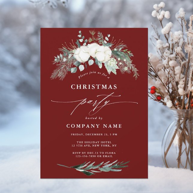 Evergreen & Cotton Flowers Christmas Party Red Invitation (Creator Uploaded)