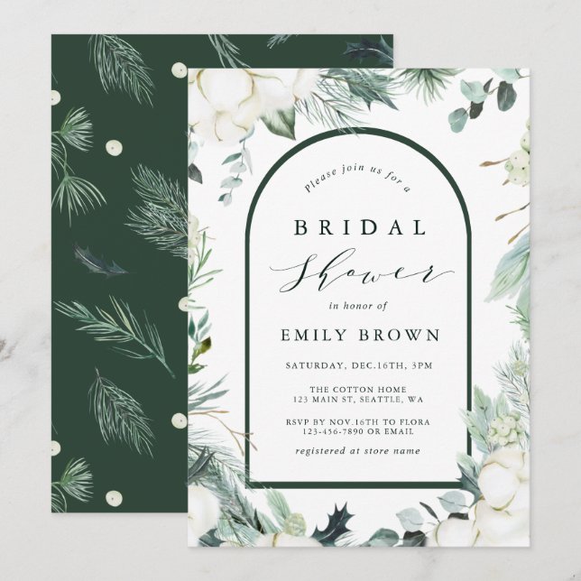 Evergreen & Cotton Flowers Elegant Bridal Shower Invitation (Front/Back)