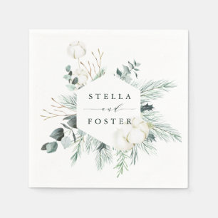 Evergreen & Cotton Flowers Elegant Hexagon Wedding Napkin