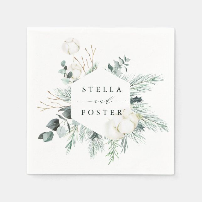 Evergreen & Cotton Flowers Elegant Hexagon Wedding Napkin (Front)