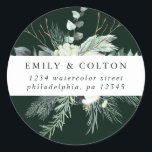Evergreen & Cotton Flowers Elegant Return Address  Classic Round Sticker<br><div class="desc">This round sticker features hand-painted winter greenery,  cotton flowers with golden and watercolor textures. For more advanced customisation of this design,  please click the "customise further" link. Matching items are also available.</div>
