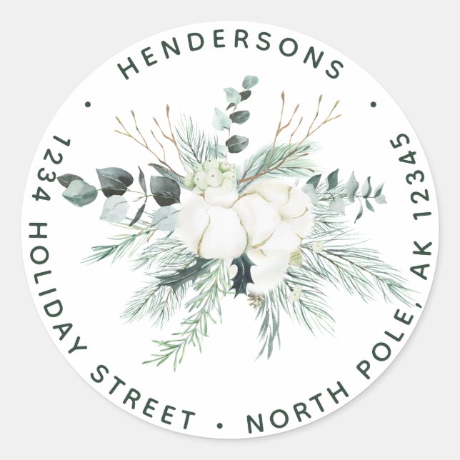 Evergreen & Cotton Flowers Elegant Return Address Classic Round Sticker (Front)