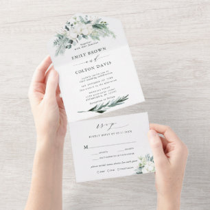 Evergreen & Cotton Flowers Elegant Wedding  All In One Invitation