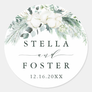 Evergreen & Cotton Flowers Elegant Wedding Classic Round Sticker