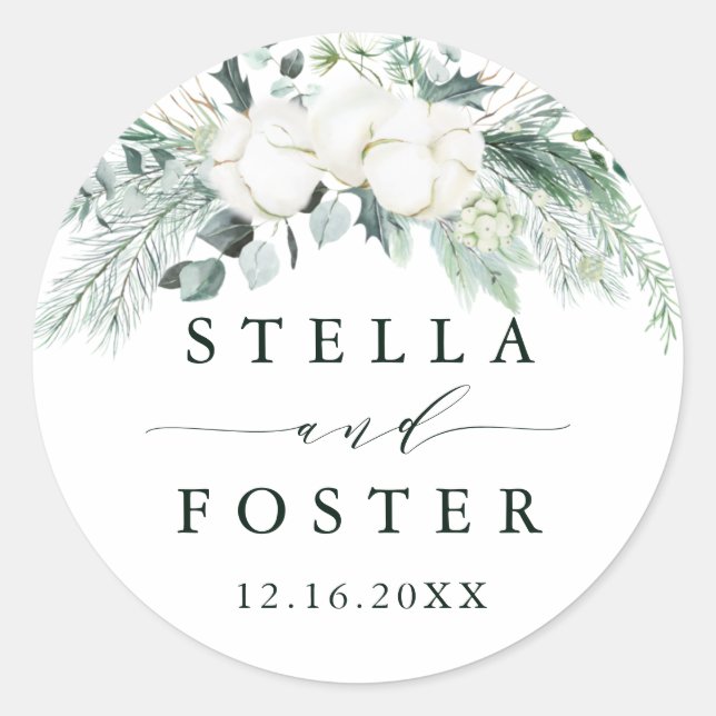 Evergreen & Cotton Flowers Elegant Wedding Classic Round Sticker (Front)
