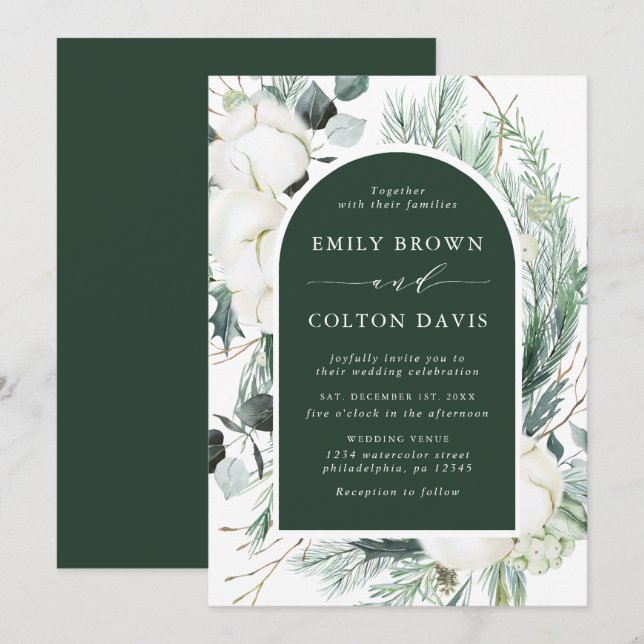 Evergreen & Cotton Flowers Elegant Wedding Green Invitation (Front/Back)