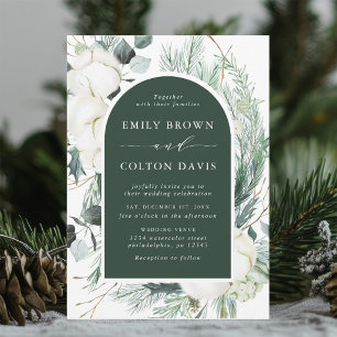 Evergreen & Cotton Flowers Elegant Wedding Green Invitation