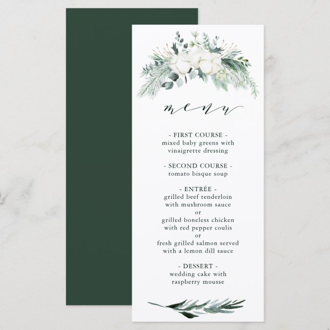 Evergreen & Cotton Flowers Elegant Wedding Menu (Front/Back)