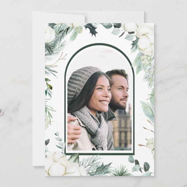 Evergreen & Cotton Flowers Elegant Wedding Photo Invitation (Back)
