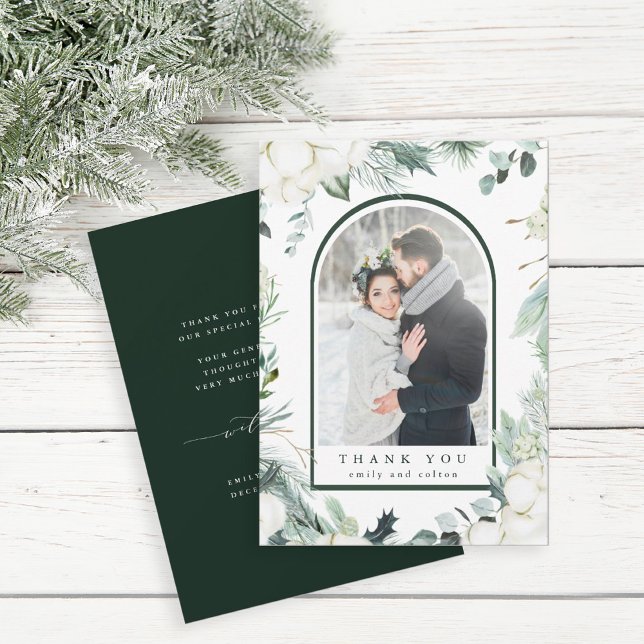 Evergreen & Cotton Flowers Elegant Wedding Photo Thank You Card (Creator Uploaded)
