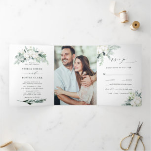 Evergreen & Cotton Flowers Elegant Wedding Photo Tri-Fold Invitation