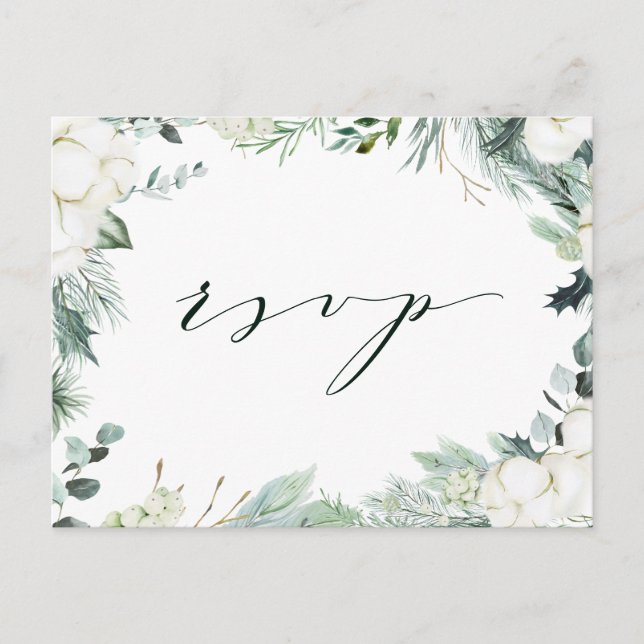 Evergreen & Cotton Flowers Elegant Wedding RSVP Postcard (Front)
