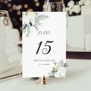 Evergreen & Cotton Flowers Elegant Wedding Table Number