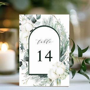 Evergreen & Cotton Flowers Elegant Wedding Table Number