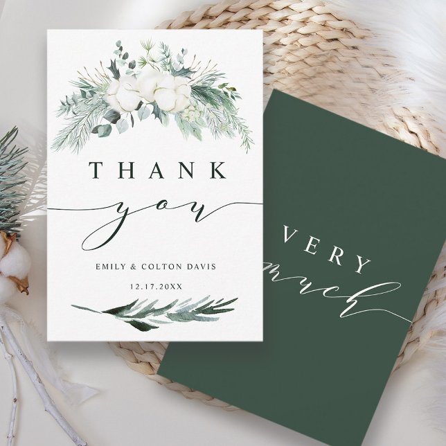 Evergreen & Cotton Flowers Elegant Wedding  Thank You Card (Front & Back)