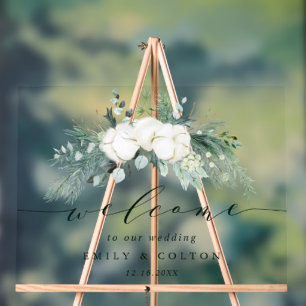 Evergreen & Cotton Flowers Elegant Wedding Welcome Acrylic Sign