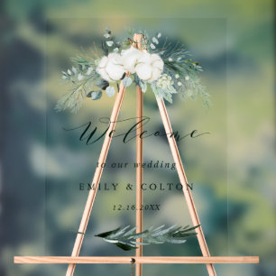 Evergreen & Cotton Flowers Elegant Wedding Welcome Acrylic Sign
