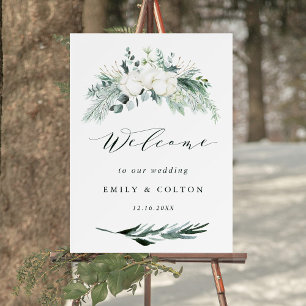 Evergreen & Cotton Flowers Elegant Wedding Welcome Poster