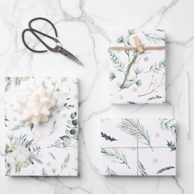 Evergreen & Cotton Flowers Elegant Wrapping Paper Sheet (Front)