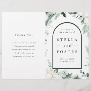Evergreen & Cotton Flowers Folded Wedding Program