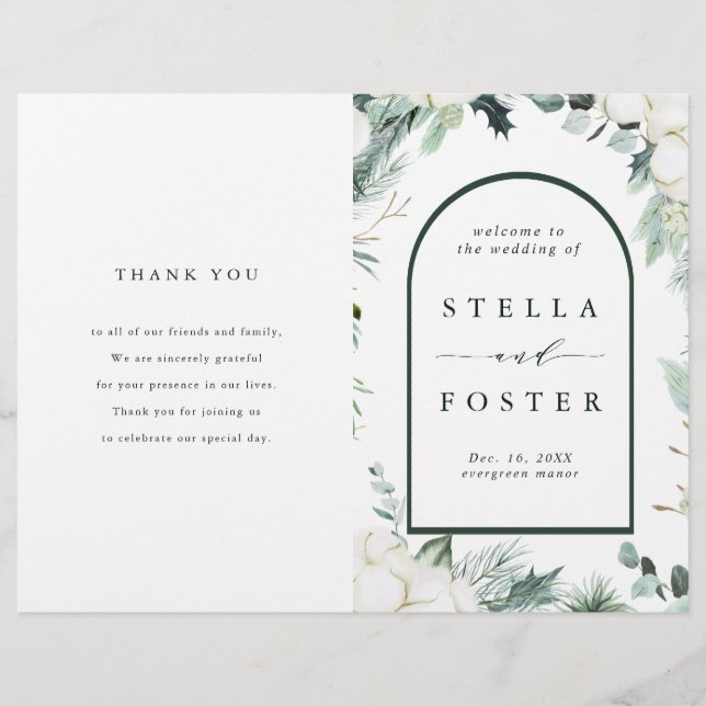Evergreen & Cotton Flowers Folded Wedding Program (Front)