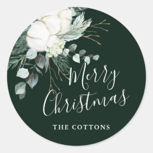 Evergreen & Cotton Flowers Merry Christmas Green Classic Round Sticker