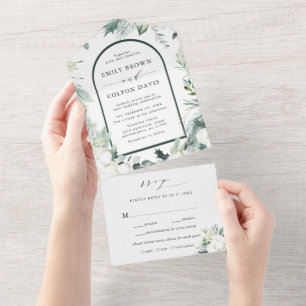Evergreen & Cotton Flowers Watercolor Wedding All In One Invitation