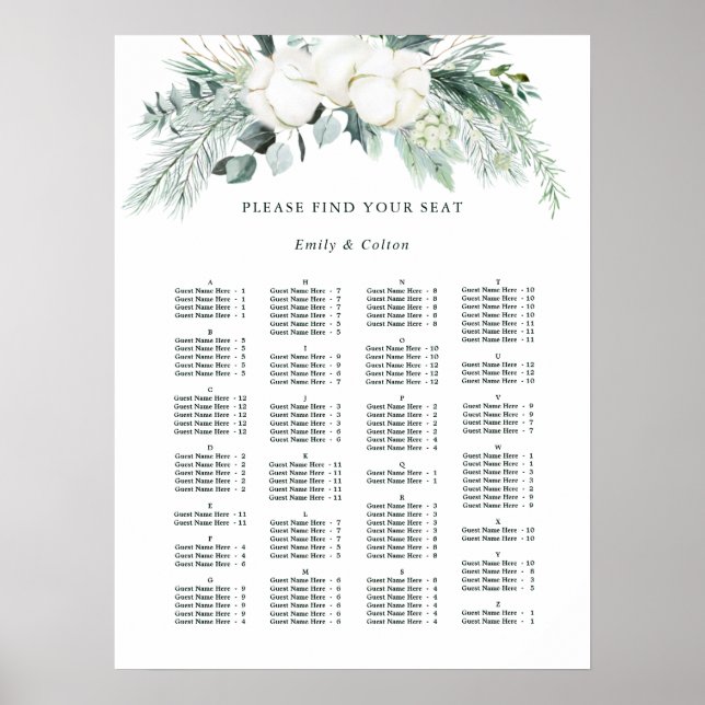 Evergreen & Cotton Flowers Wedding Seating Chart (Front)