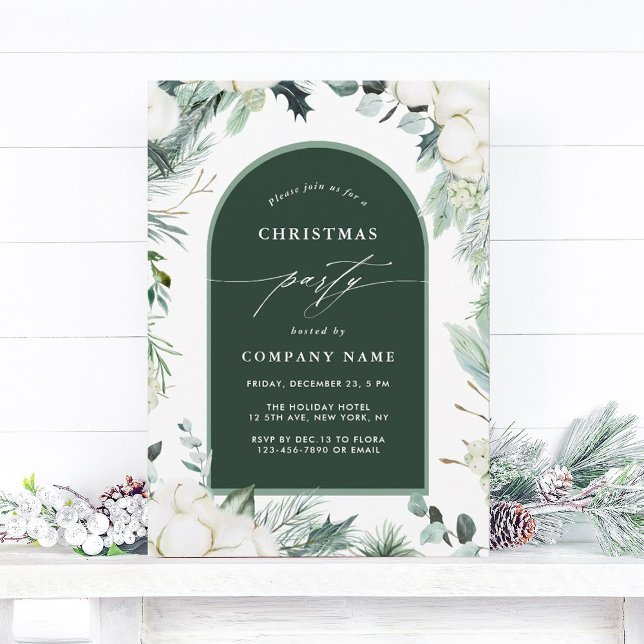 Evergreen & Cotton Flowers Winter Christmas Party Invitation (Creator Uploaded)