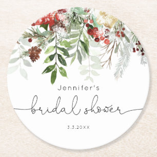 Evergreen elegant bridal shower round paper coaster