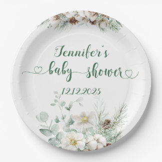 Evergreen elegant gender neutral baby shower paper plate