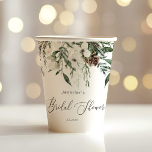 Evergreen elegant pine cone bridal shower paper cups