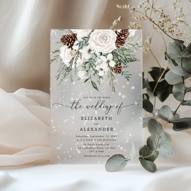 Evergreen elegant snow winter wedding acrylic invitations (Creator Uploaded)