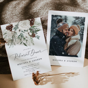 Evergreen elegant winter Rehearsal dinner photo Invitation