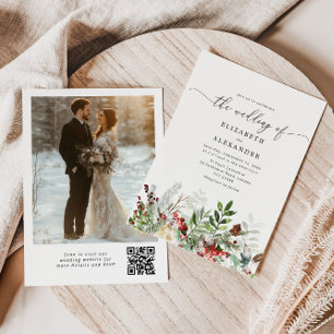 Evergreen elegant winter wedding QR code photo Invitation