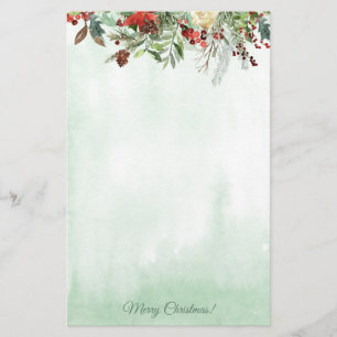Evergreen Floral Berry Border Holiday Stationery
