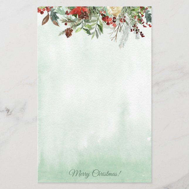 Evergreen Floral Berry Border Holiday Stationery (Front)