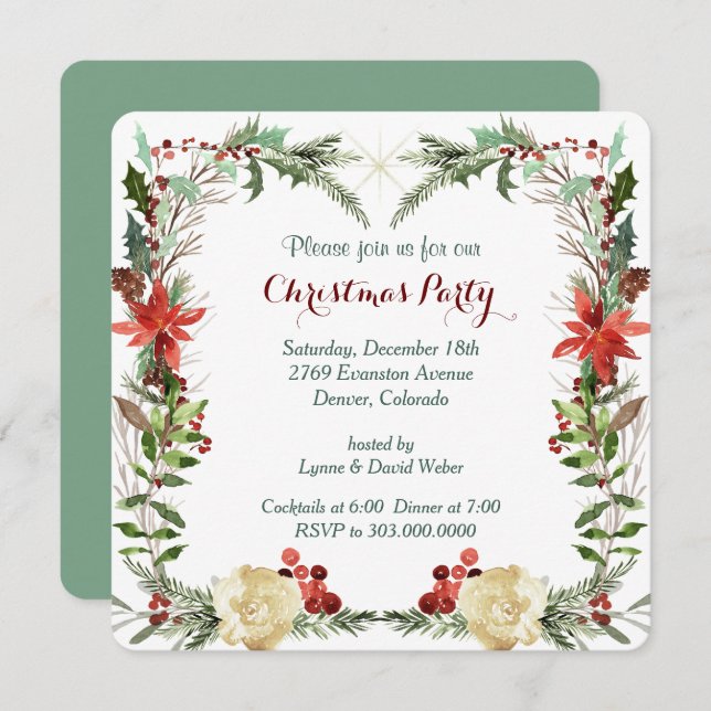 Evergreen Floral Berry Frame Holiday Party Invite (Front/Back)