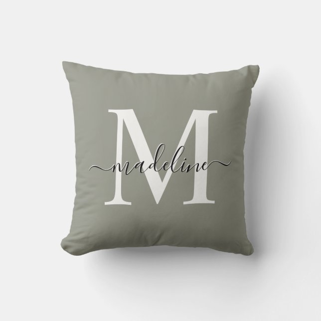 Evergreen Fog Elegant Script Monogram Cushion (Front)