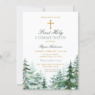 Evergreen Forest Cross Boy First Holy Communion Invitation