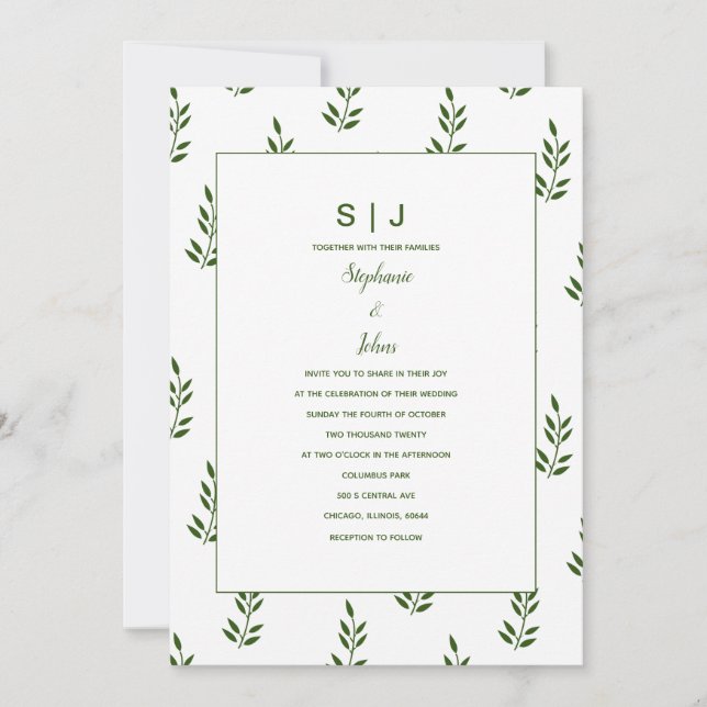 Evergreen Forest Green White Leaf Monogram Wedding Invitation (Front)