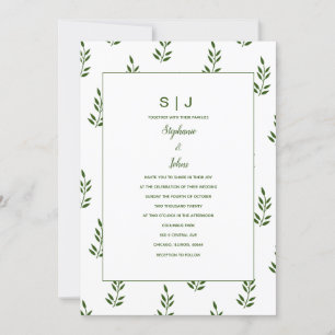 Evergreen Forest Green White Leaf Monogram Wedding Invitation