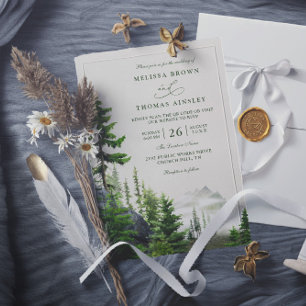 Evergreen Forest Rustic Mountain QR Code Wedding Invitation